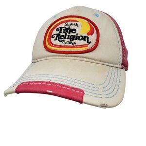 True Religion Distressed Style Strapback Trucker Baseball Cap Hat Tan Red